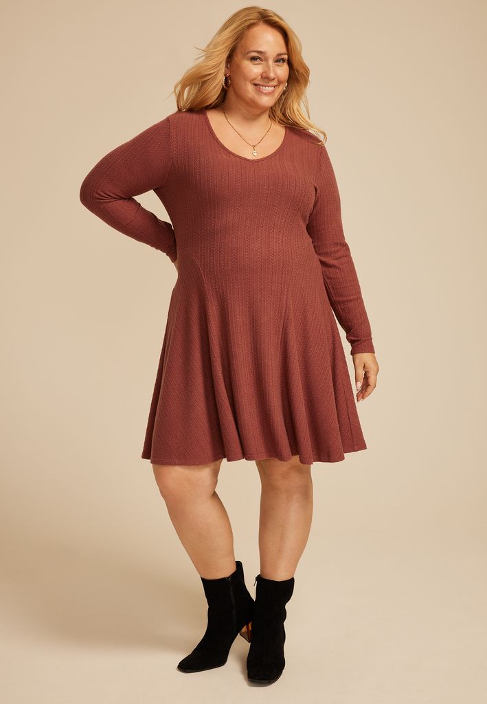 Plus Size 24/7 Textured Knit V Neck Skater Dress - Image 3