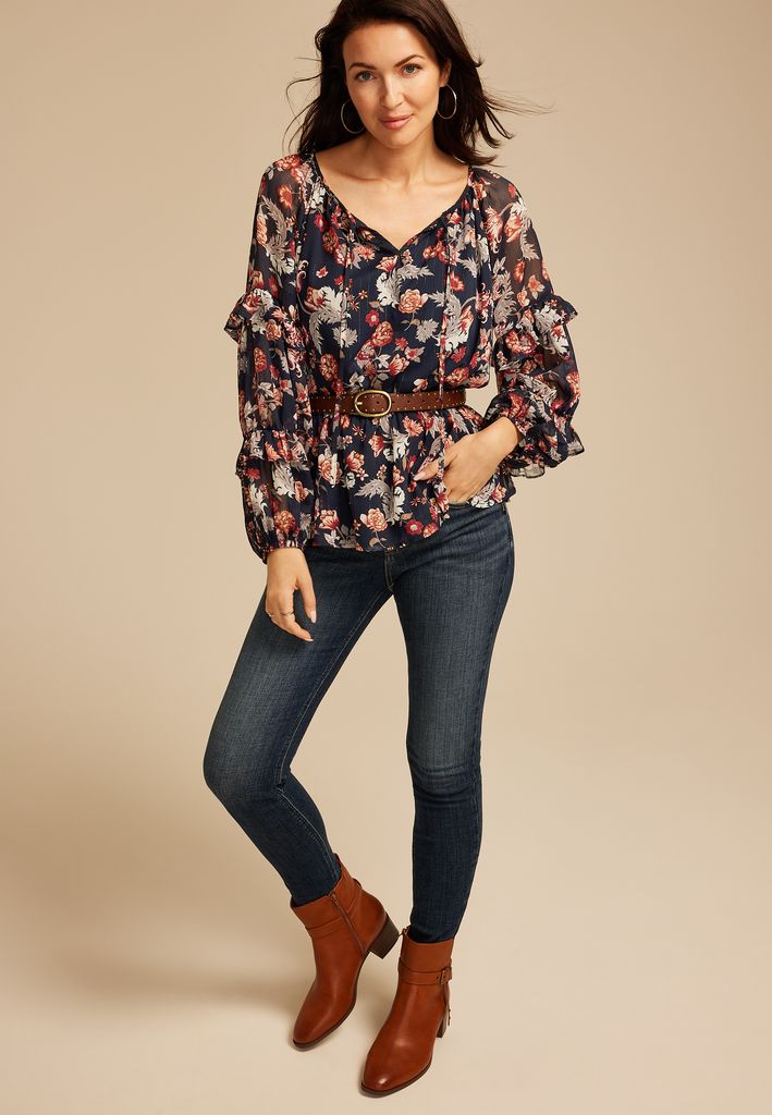 Sheer Floral Tiered Sleeve Blouse - Image 3