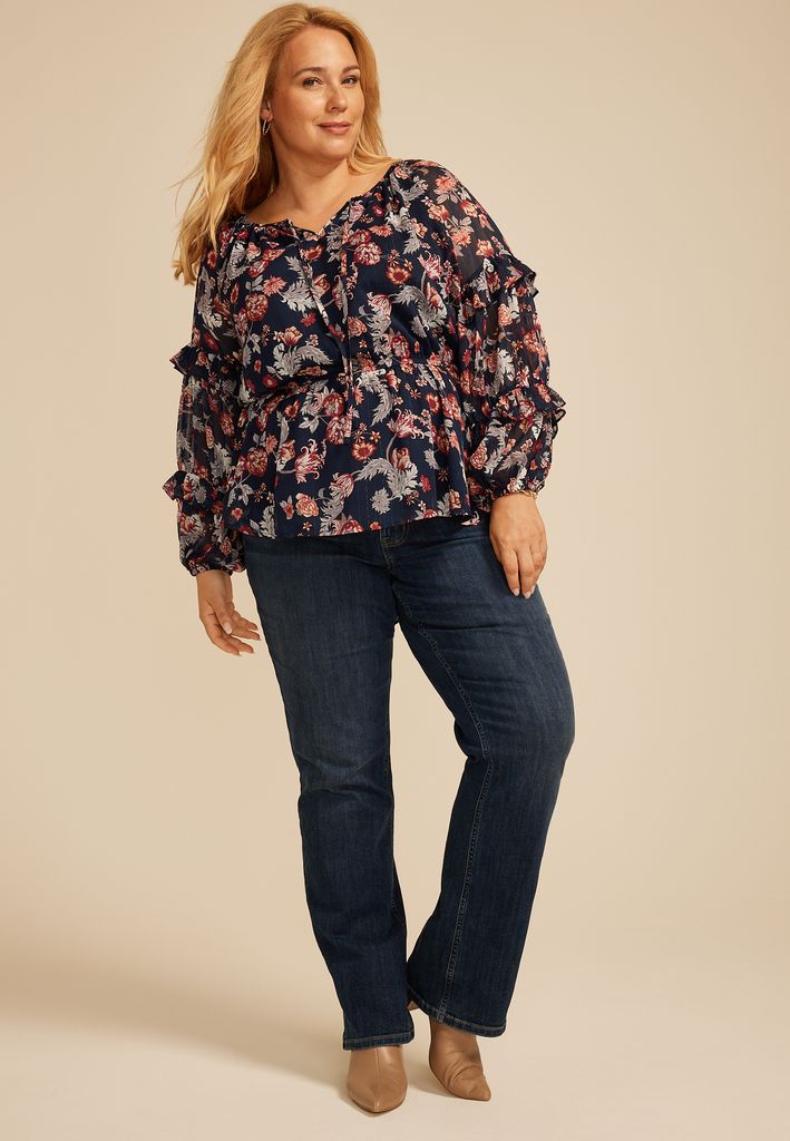 Plus Size Sheer Floral Tiered Sleeve Blouse - Image 3