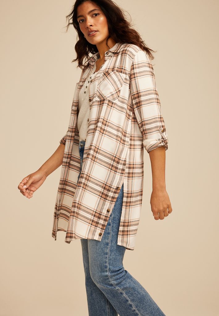 Plaid Button Down Duster Shirt - Image 3