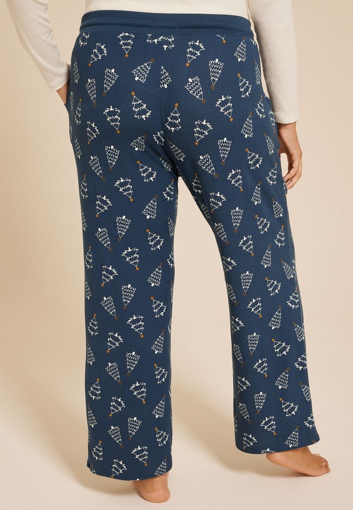 Plus Size Blue Hacci Christmas Tree Wide Leg Pajama Pants - Image 2