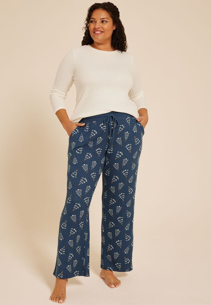 Plus Size Blue Hacci Christmas Tree Wide Leg Pajama Pants - Image 3