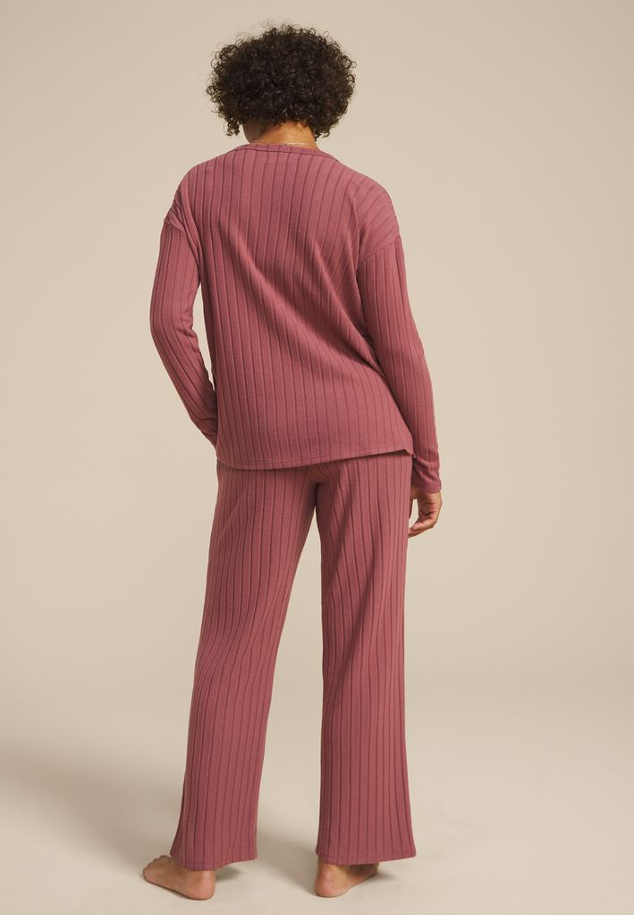 Cozy Wide Ribbed Long Sleeve Tee And Wide Leg Pajama Set - Image 2