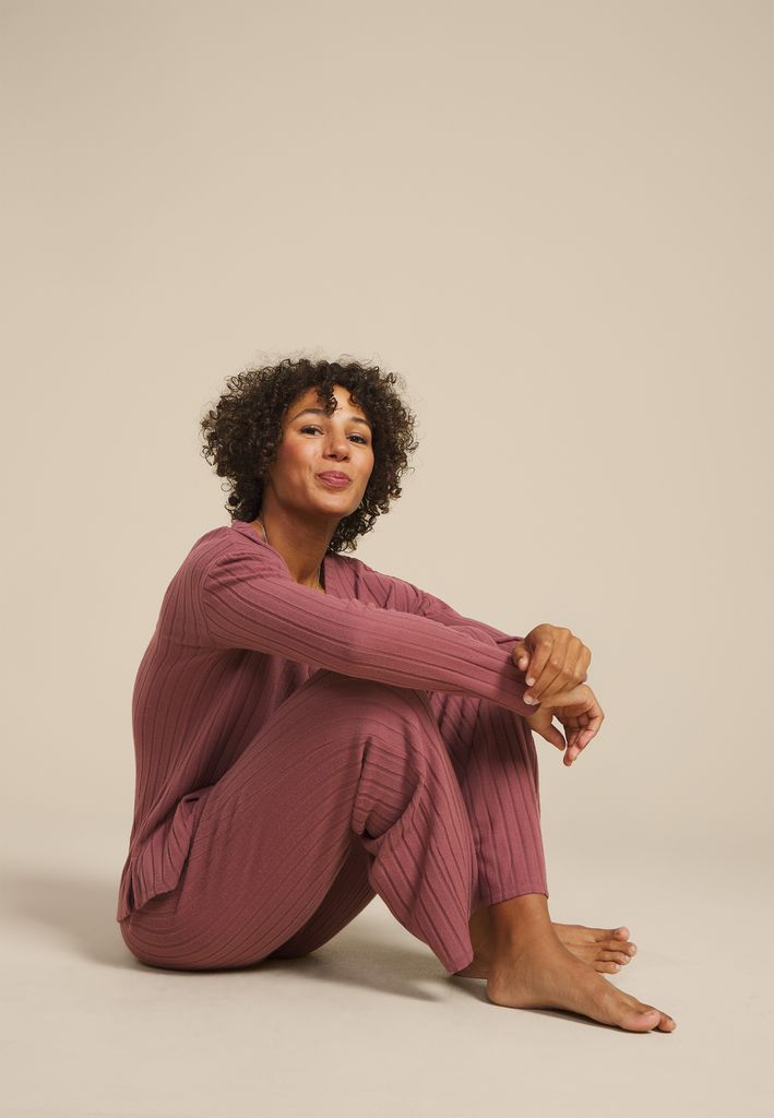 Cozy Wide Ribbed Long Sleeve Tee And Wide Leg Pajama Set - Image 3