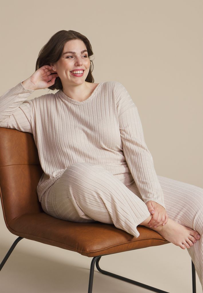 Plus Size Heathered Cozy Wide Ribbed Long Sleeve Tee And Wide Leg Pajama Set - Image 3