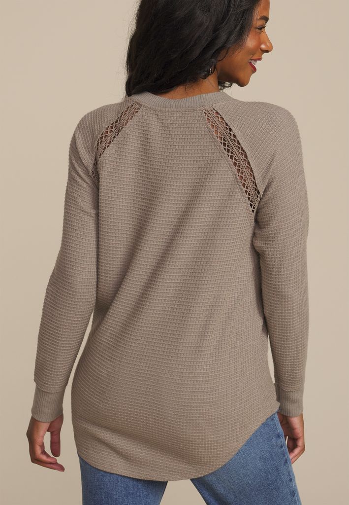 Crochet Trim Waffle Knit Long Sleeve Tee - Image 2