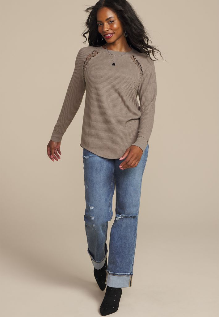 Crochet Trim Waffle Knit Long Sleeve Tee - Image 3
