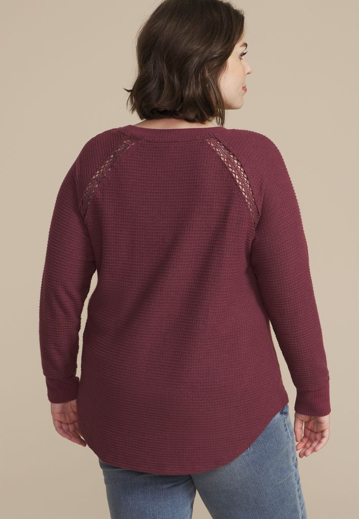 Plus Size Crochet Trim Waffle Knit Long Sleeve Tee - Image 2