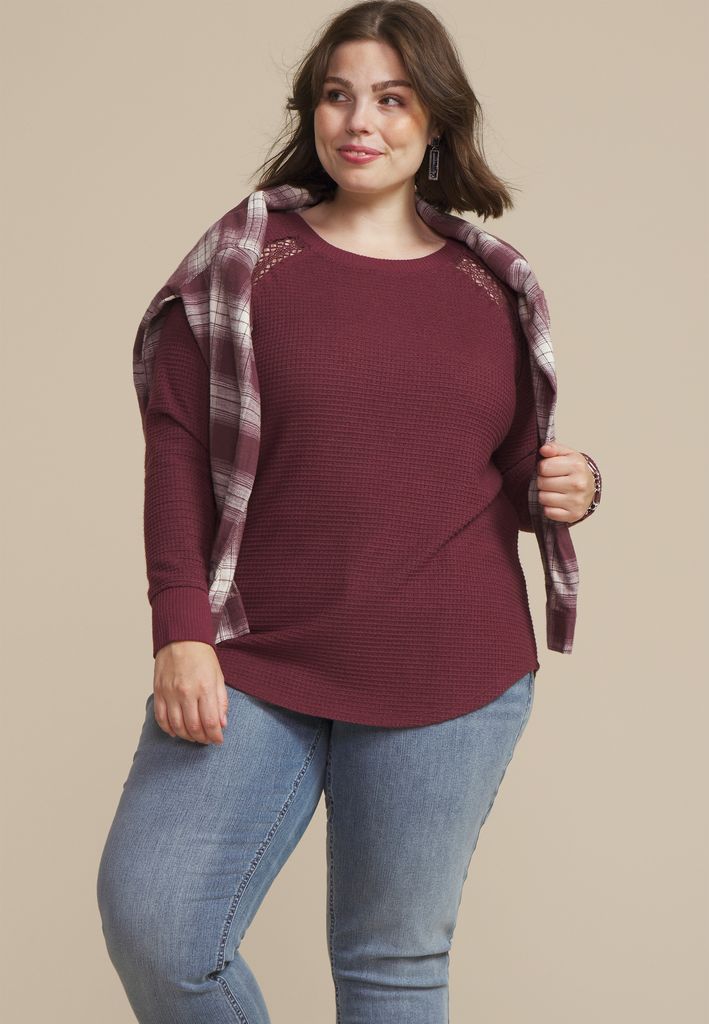 Plus Size Crochet Trim Waffle Knit Long Sleeve Tee - Image 3