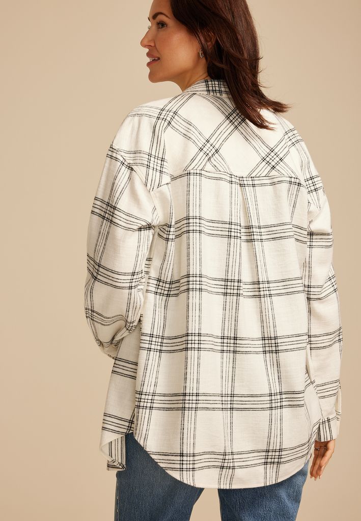 Cabin Plaid Boyfriend Tunic Button Down Shirt - Image 2