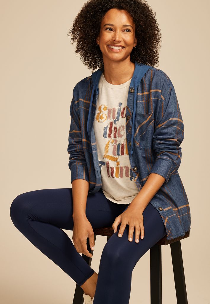Plaid Hooded Boyfriend Button Down Shirt - Image 3