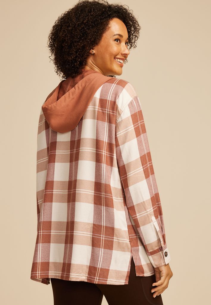 Plaid Hooded Boyfriend Button Down Shirt - Image 2