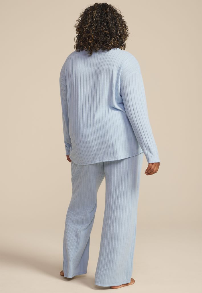 Plus Size Cozy Wide Ribbed Long Sleeve Tee And Wide Leg Pajama Set - Image 2