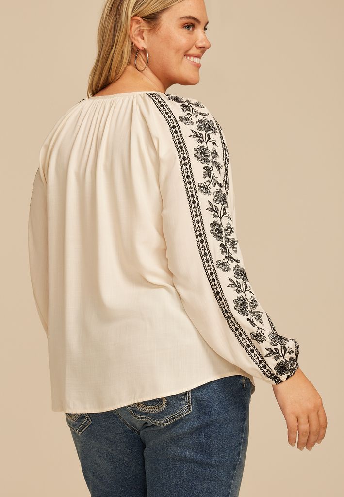 Plus Size Embroidered Trim V Neck Blouse - Image 2