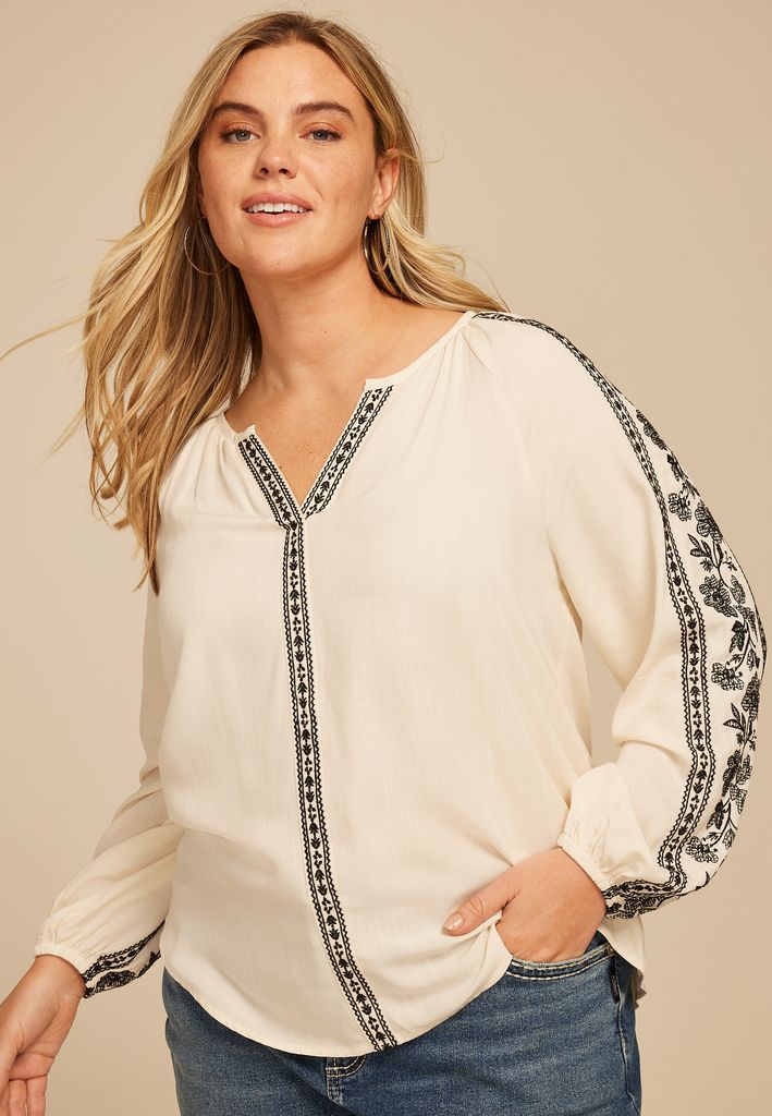 Plus Size Embroidered Trim V Neck Blouse - Image 3