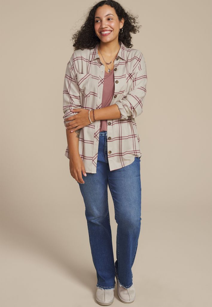 Plus Size Plaid Boyfriend Button Down Shirt - Image 3