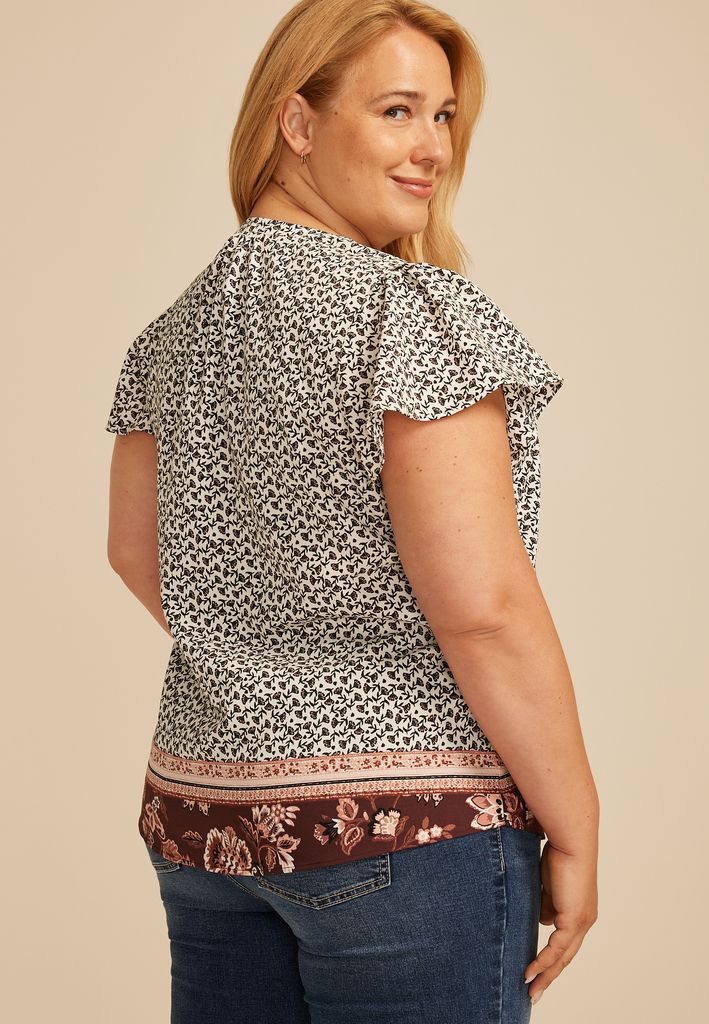 Plus Size Atwood Floral Border Flutter Sleeve Blouse - Image 2