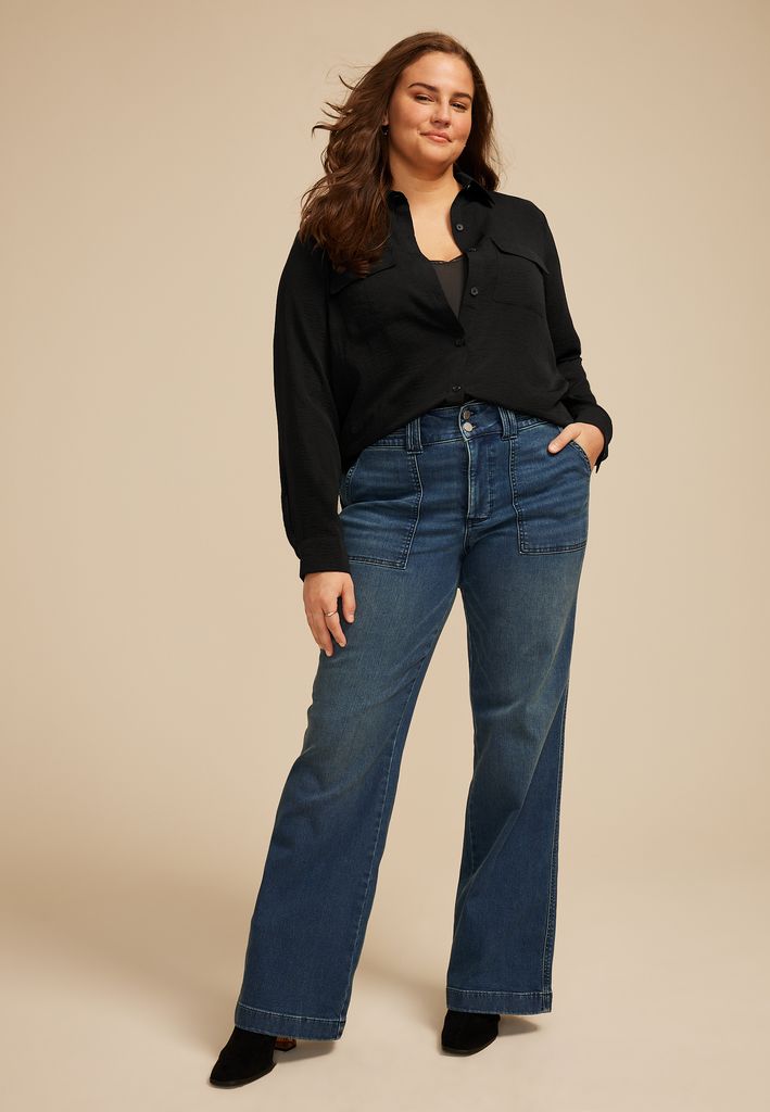 Plus Size Black Utility Button Down Shirt - Image 3