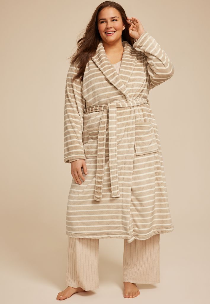 Plus Size Striped Plush Long Robe