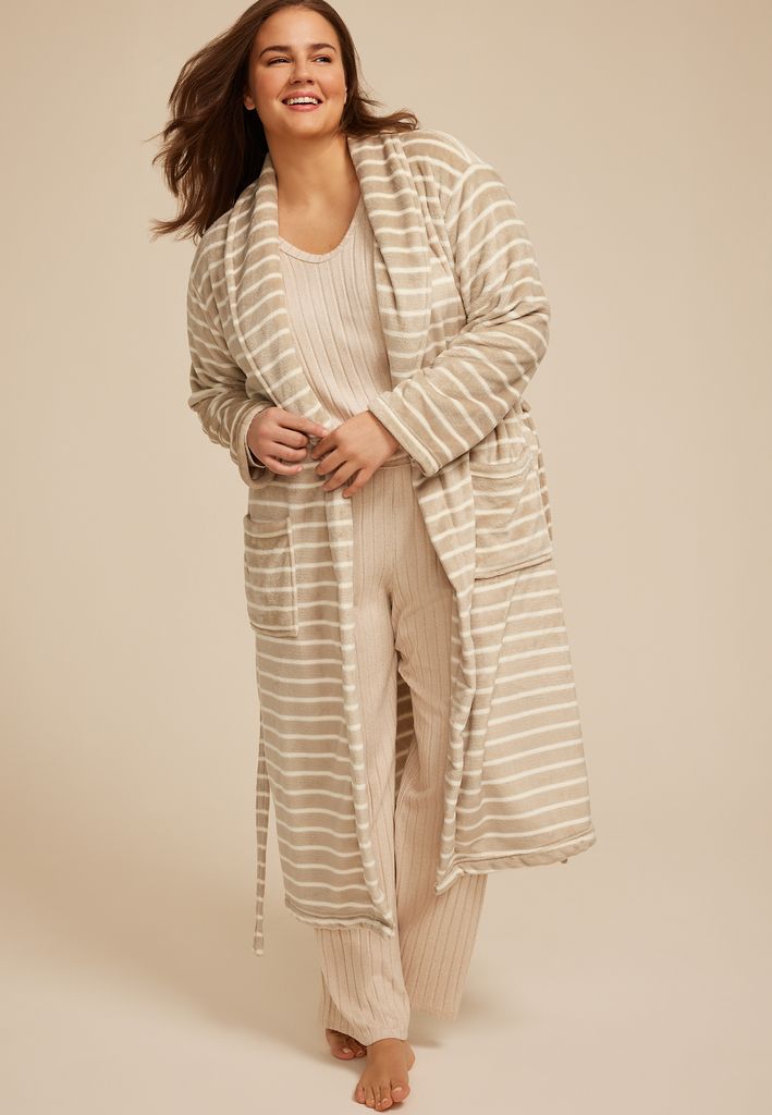 Plus Size Striped Plush Long Robe - Image 3