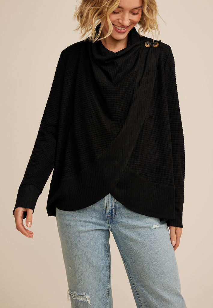 Asymmetrical Waffle Knit Button Wrap Cardigan - Image 3