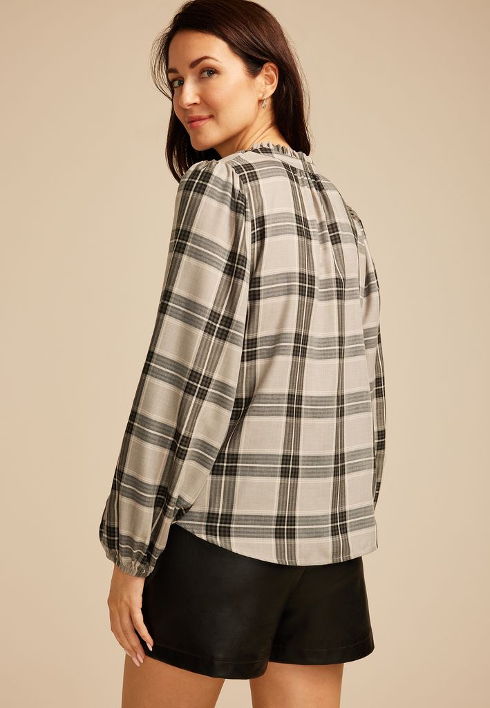 Plaid V Neck Blouse - Image 2
