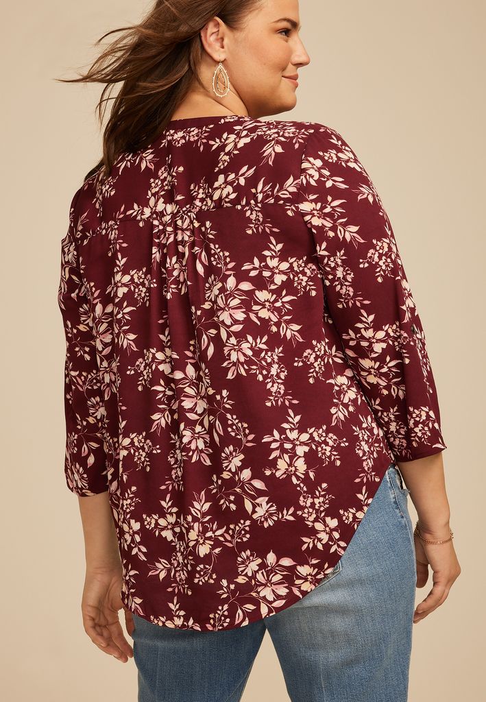 Plus Size Atwood Floral 3/4 Sleeve Popover Blouse - Image 2