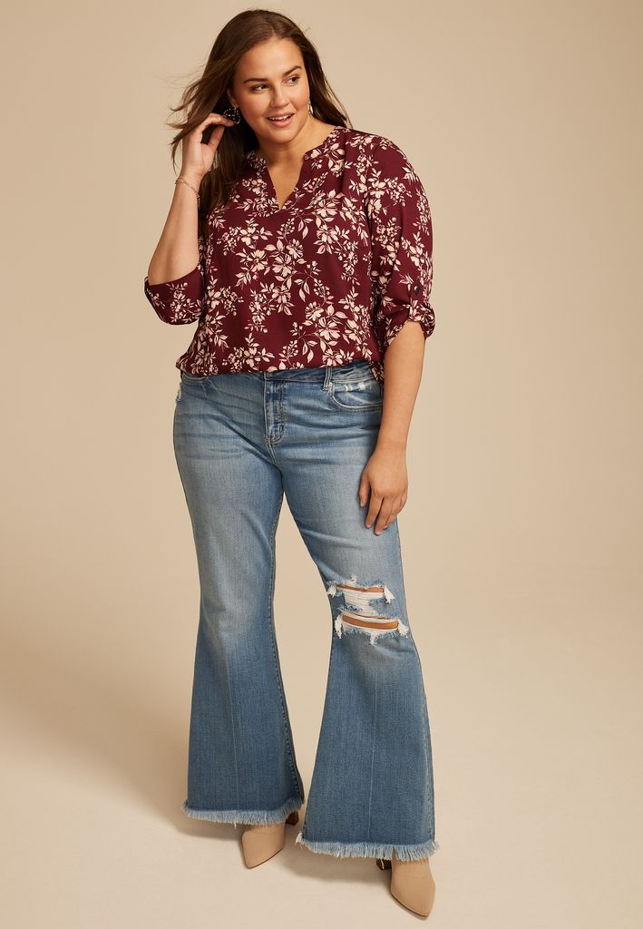 Plus Size Atwood Floral 3/4 Sleeve Popover Blouse - Image 3