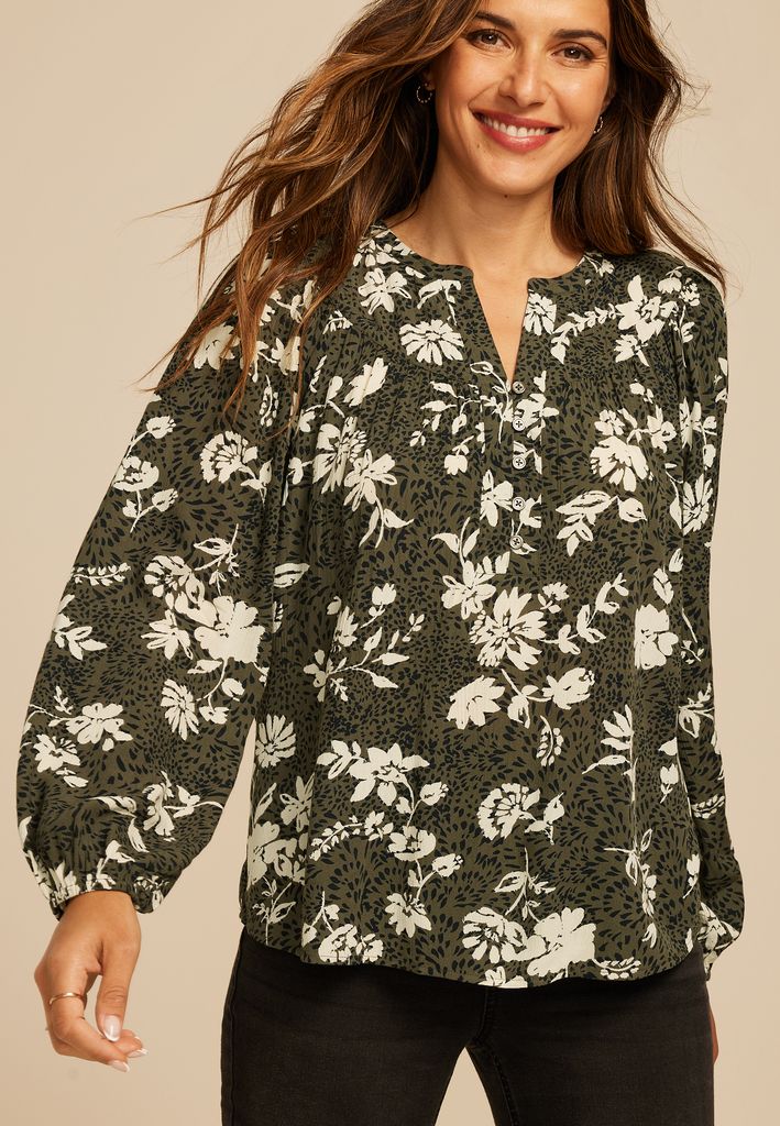 Olive Floral Peasant Blouse - Image 3