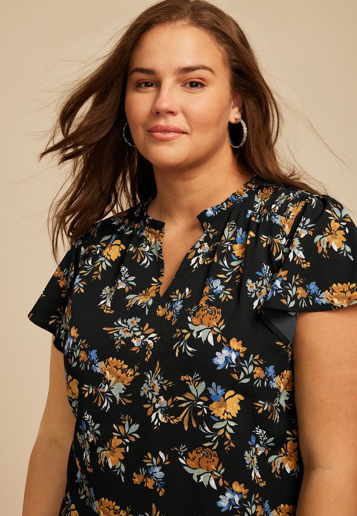 Plus Size Atwood Floral Smocked Shoulder Flutter Sleeve Blouse - Image 3