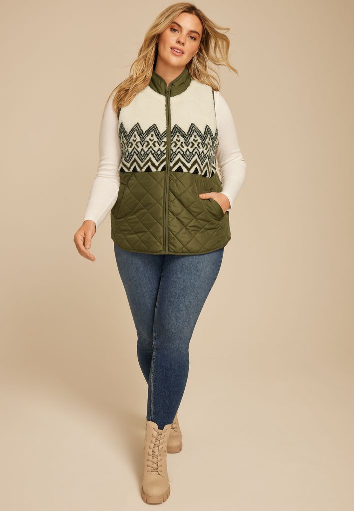 Plus Size Fair Isle Sherpa Quilted Vest - Image 3