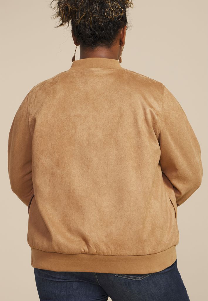 Plus Size Tan Suede Bomber Jacket - Image 2