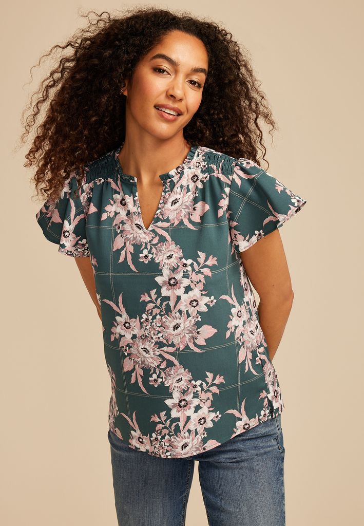 Atwood Floral Smocked Shoulder Flutter Sleeve Blouse