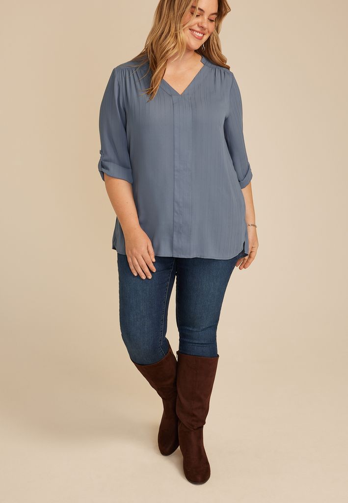 Plus Size Striped 3/4 Sleeve Tunic Blouse - Image 3