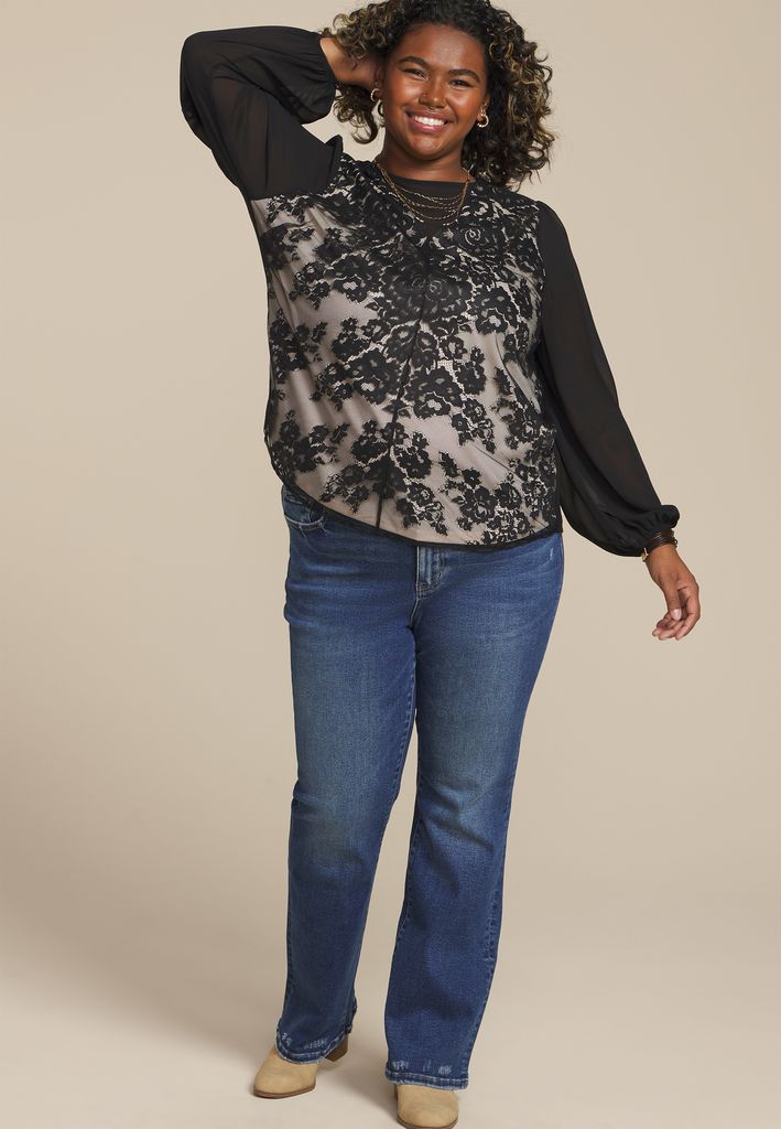 Plus Size Floral Lace Long Sleeve Blouse - Image 3