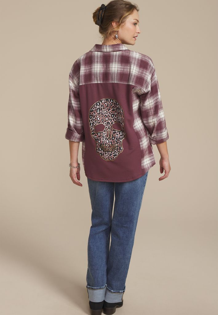 Cabin Plaid Graphic Back Leopard Skull Button Down Shirt - Image 3