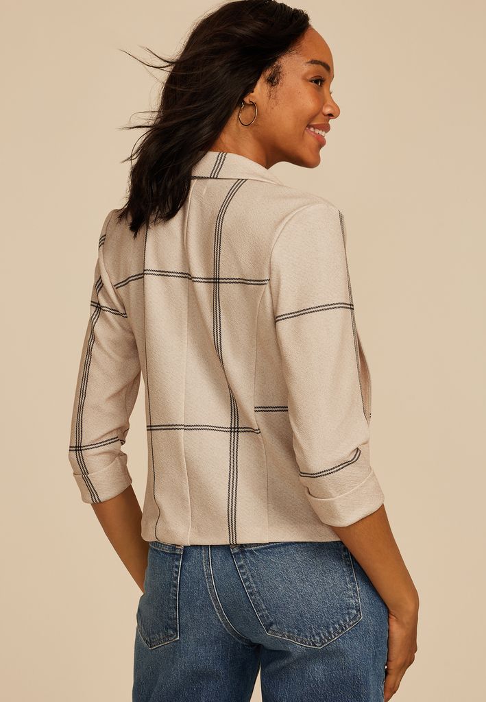 Windowpane Plaid Versa Open Front Cropped Blazer - Image 2