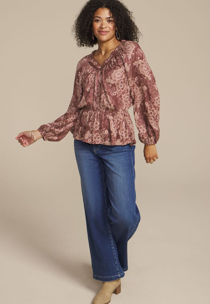 Floral Lace Print Peplum Top - Image 3