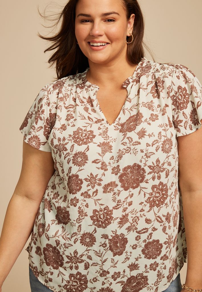 Plus Size Atwood Floral 3/4 Sleeve Popover Blouse - Image 3