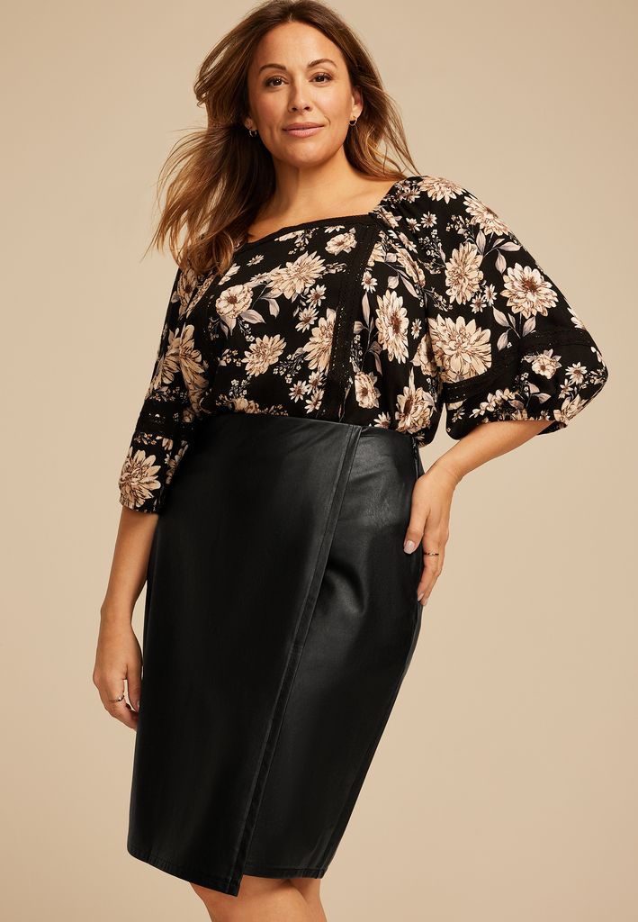 Plus Size Black Faux Leather Midi Wrap Skirt - Image 3