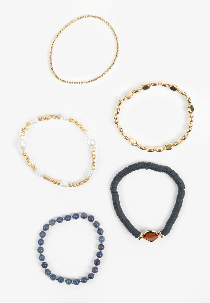 5 Pack Navy Beaded Stretch Bracelet Set - Image 2