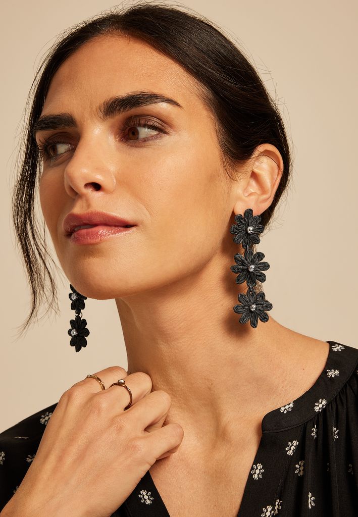 Black Triple Floral Raffia Drop Earrings - Image 2
