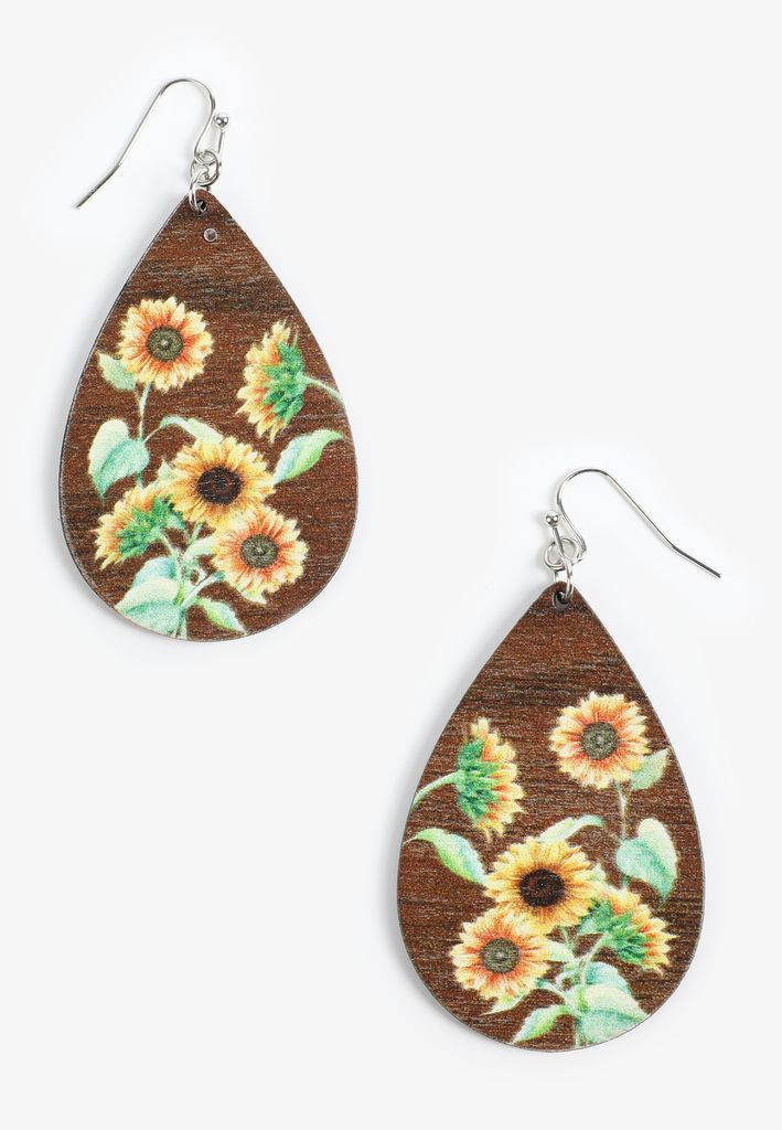Sunflower Painted Wooden Drop Earrings