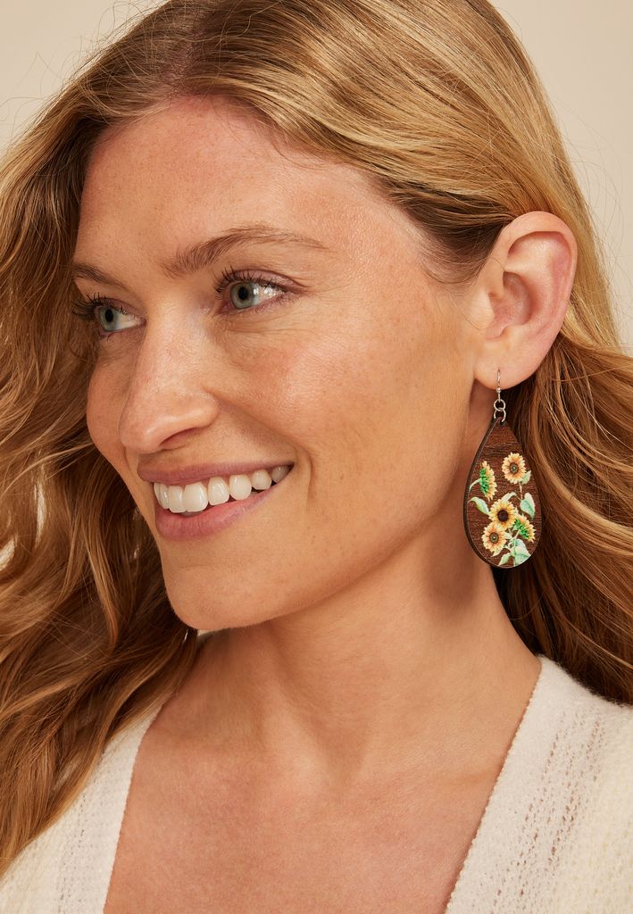 Sunflower Painted Wooden Drop Earrings - Image 2