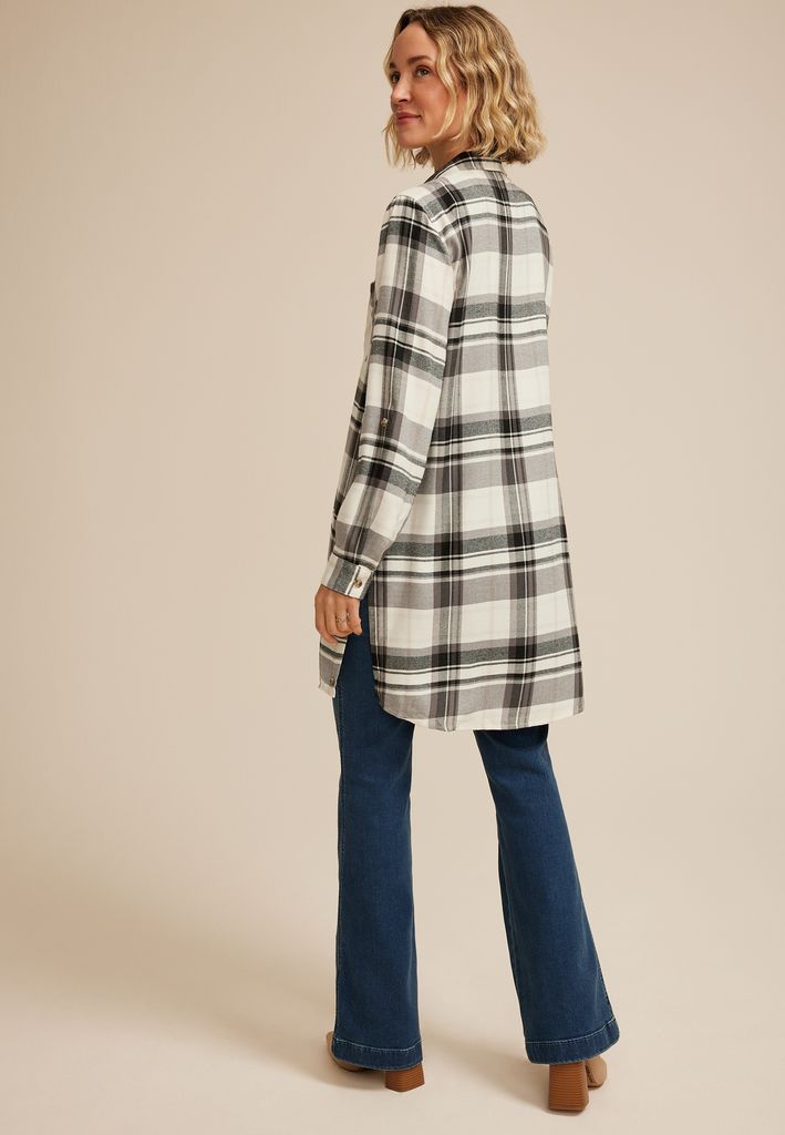 Gray Plaid Button Down Duster Shirt - Image 2