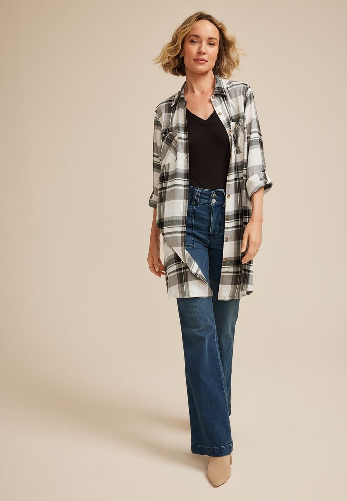 Gray Plaid Button Down Duster Shirt - Image 3