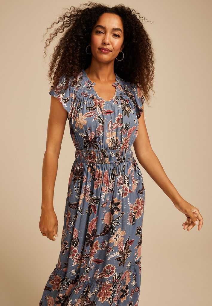 Smocked Tiered Floral Print Midi Dress - Image 3
