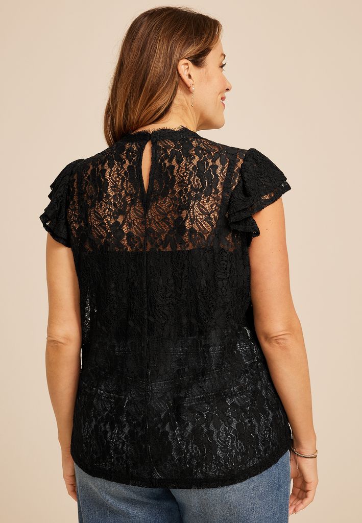 Soutache Embroidered Lace Short Flutter Sleeve Top - Image 2