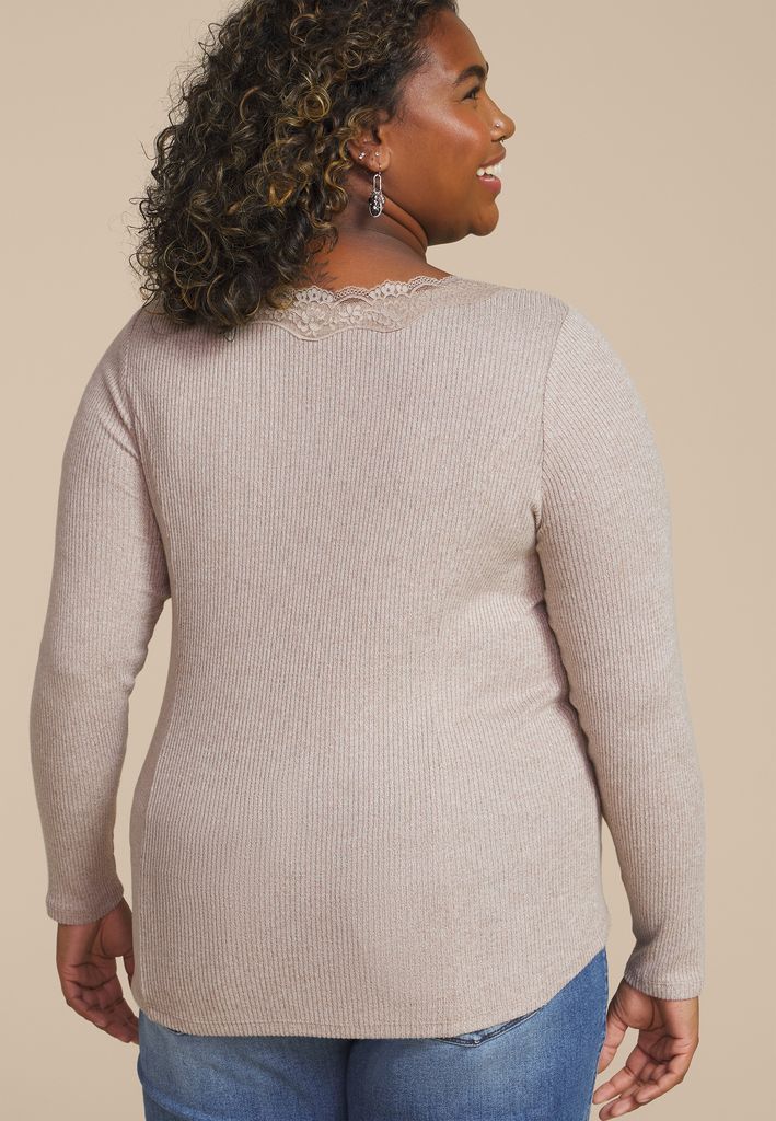 Plus Size Cozy Lace Trim V Neck Top - Image 2