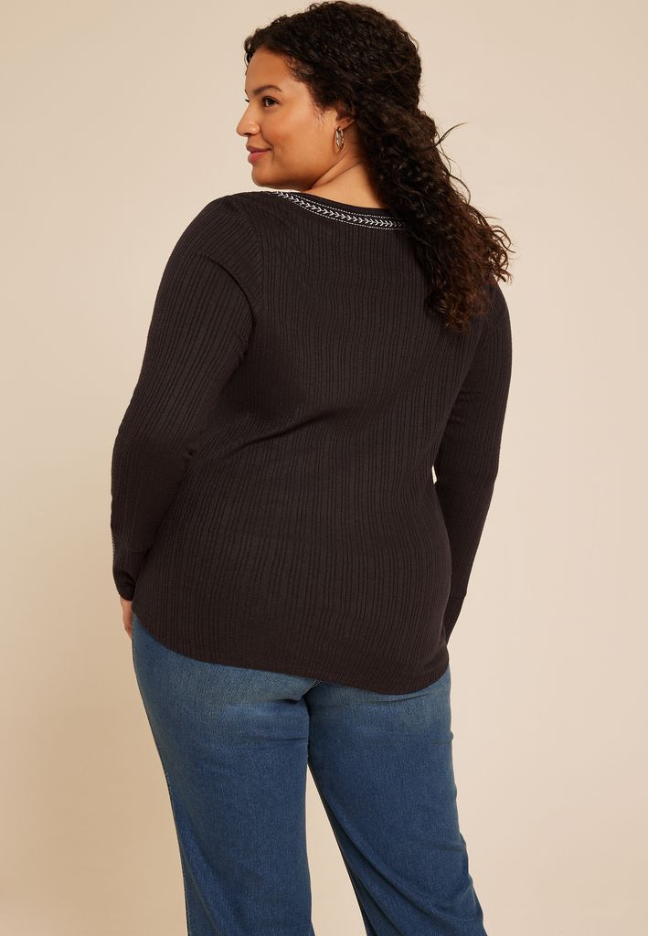 Plus Size Embroidered Notch Neck Ribbed Long Sleeve Tee - Image 2